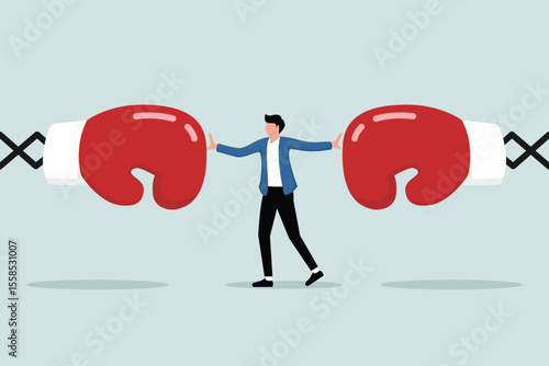 A businessman resisting punches from toy boxing machines from both sides, Illustration concept of Resisting pressure from multiple sources or challenges faced in business