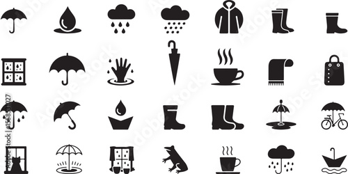 Umbrella rain boots coat scarf hot drink window cat frog
