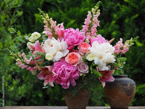 Wallpaper Mural Beautiful floral bouquet with pink and white peonies, lilies in a rustic pot. Torontodigital.ca