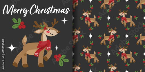 Christmas holidays banner and seamless pattern of cute reindeer wearing red scarf with Holly berries, Merry Christmas text and stars on black background.