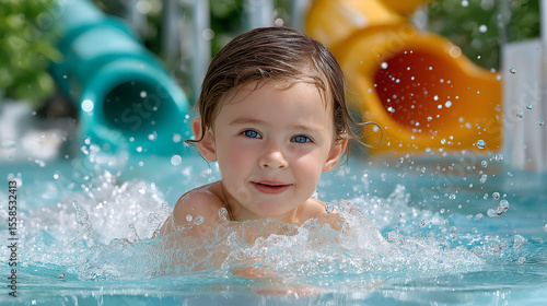 Fototapeta Naklejka Na Ścianę i Meble -  Adorable toddler swimming and playing in the pool at a water park