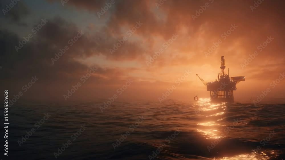 Offshore Oil Rig at Sunset: Ocean Waves and Dramatic Sky Offshore Oil Rig at Sunset: Ocean Waves and Dramatic Sky