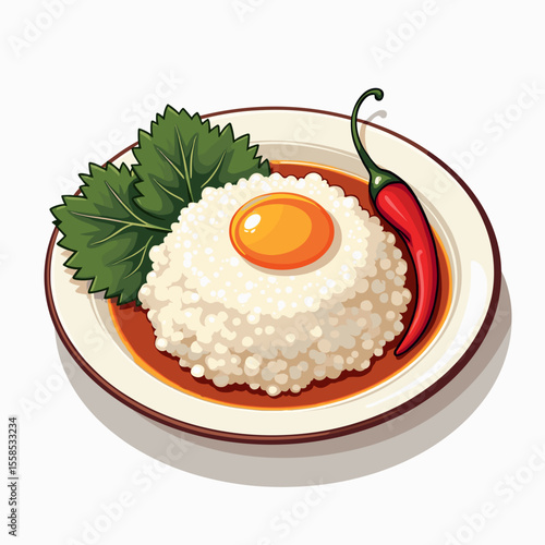 Illustration of Rice with Egg Yolk, Chili Pepper, and Green Leaves on a Plate, Asian Cuisine