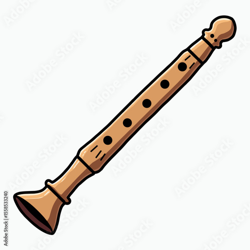 Cartoon Illustration of a Wooden Recorder Musical Instrument with Black Outlines and Holes for Playing Music