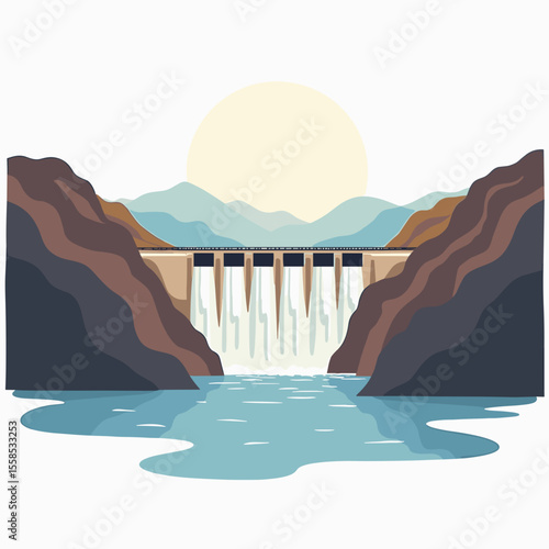 Stylized Illustration of a Hydroelectric Dam with Water Flowing and Mountains in the Background