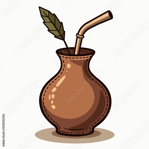Illustration of a Traditional Yerba Mate Gourd with Bombilla and Green Leaf, South American Tea Culture
