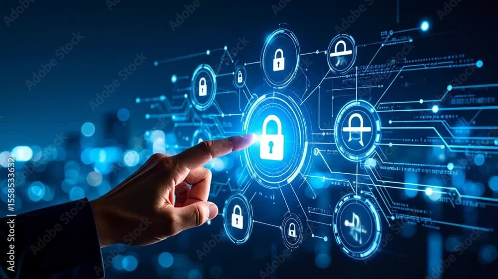 Cyber Security Concept Clicking Padlock Icon Connecting Digital Network Interface Cyber Security Concept Clicking Padlock Icon Connecting Digital Network Interface