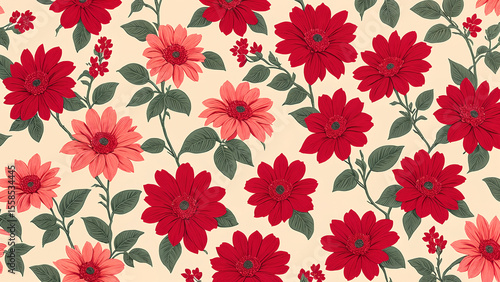 Colorful floral pattern featuring red flowers and leafes on a cream background, elegant and vibrant textile design for home decor or fashion