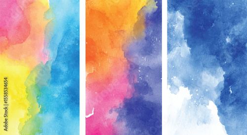 Abstract Watercolor Backgrounds Set of Three Vertical Panels Vibrant Yellow Blue Pink Orange Purple Hues Soft Blends Textured Design Elements