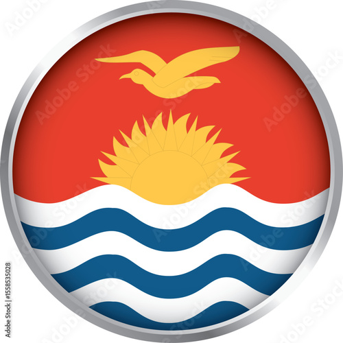 round icon of kiribati national flag with frigatebird and ocean waves in silver border for global display

