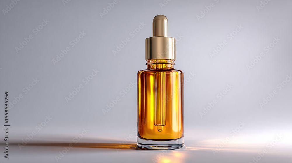Realistic serum bottle with golden dropper cap, filled with amber liquid, stands elegantly against soft gradient background, evoking sense of luxury and sophistication Realistic serum bottle with golden dropper cap, filled with amber liquid, stands elegantly against soft gradient background, evoking sense of luxury and sophistication