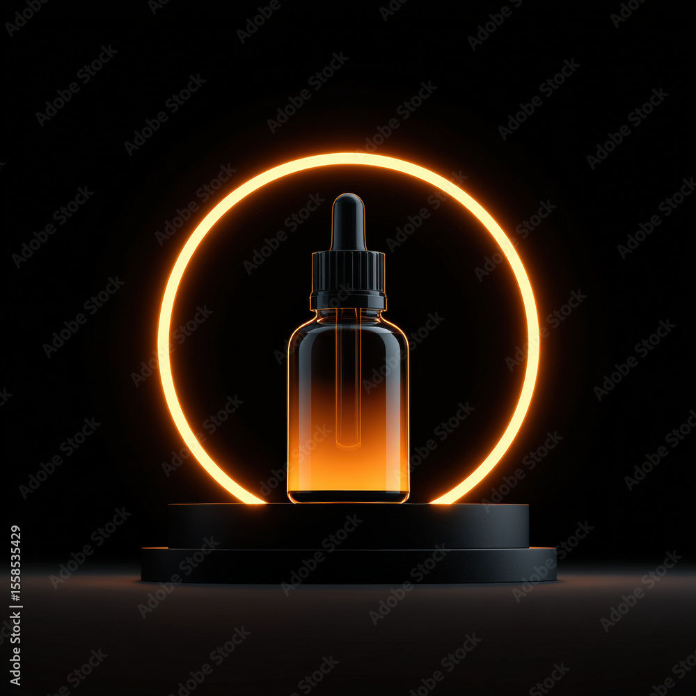 Naklejka premium Realistic serum bottle is displayed prominently against dark background, illuminated by glowing orange circle. sleek design and amber liquid create elegant and modern aesthetic
