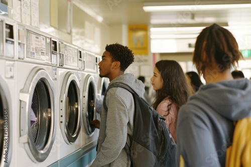 Young people engaged in laundry at a laundromat, observing machines while learning about laundry processes and socializing in a busy environment