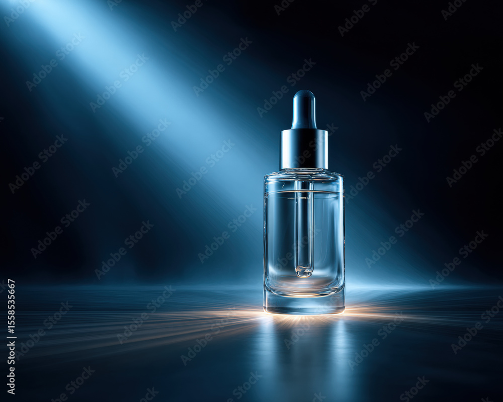 Naklejka premium Sleek serum bottle stands elegantly against dark background, illuminated by soft beam of light. glass reflects light beautifully, creating serene and sophisticated atmosphere