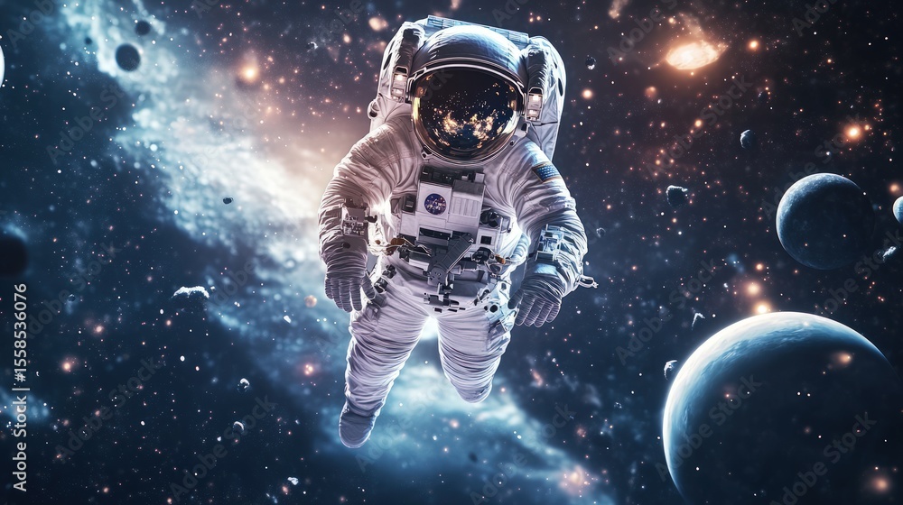 A lone spacewalker floats in deep space, stars and planets surround A lone spacewalker floats in deep space, stars and planets surround