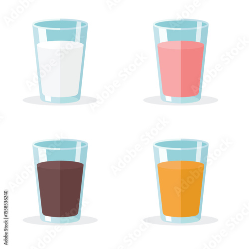 four different flavors of milk. a glass of milk with different flavors. four drinks with different flavors. healthy drinks