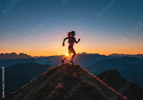 Determined woman trail running on a mountain summit at sunrise, embodying achievement, freedom, and an active, healthy lifestyle.
