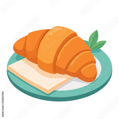 An orange croissant rests on a white napkin placed on a teal plate with two green leaves creating a simple appetizing still life