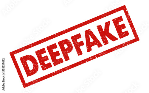 Deepfake AI rubber stamp grunge red ink rectangle seal badge dusty grainy effect sign symbol artificial intelligence false fraud cyberspace security scam ai generated