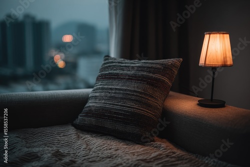 Soft light from a table lamp illuminates a cozy corner with a patterned throw pillow and a view of a city