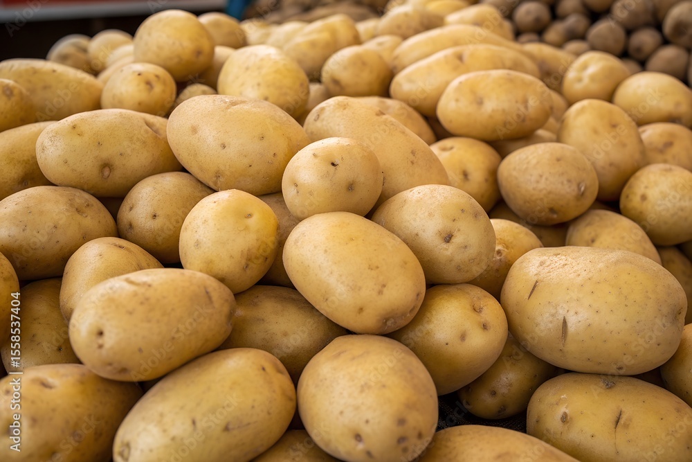 A large pile of fresh, yellowish potatoes, likely displayed for sale at a market or store. A large pile of fresh, yellowish potatoes, likely displayed for sale at a market or store.