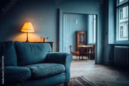 Cozy living room at night, muted tones