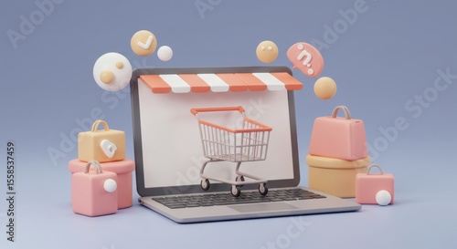 Online Shopping Concept with Laptop and Cart, Modern E-commerce Design, Pastel Colors and 3D Rendered Elements