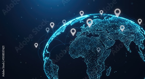 Global network connections visualized by digital globe, Global communication with pin location markers highlight important regions
