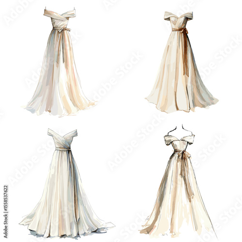 Elegant off-shoulder white wedding dress illustrations with ribbon details, perfect for bridal fashion, wedding planning, and luxury formalwear design assets.

