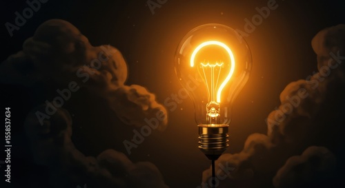 Illuminating the Unknown: A Glowing Question Mark Light Bulb, Symbolic Question Mark Glowing in a Light Bulb Against a Mysterious Cloudscape
