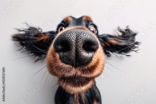 Black and tan dog nose close up, Curious playful expression, Funny pet portrait concept