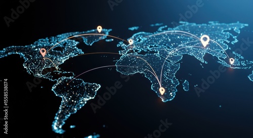 Global Connections: A Modern Network Visualization of the World Map, Glowing Network Map of the World with Connection Lines and Location Pointers