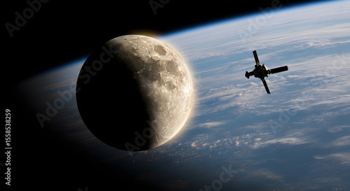 Satellite Orbiting Earth and Moon A Stunning Space View