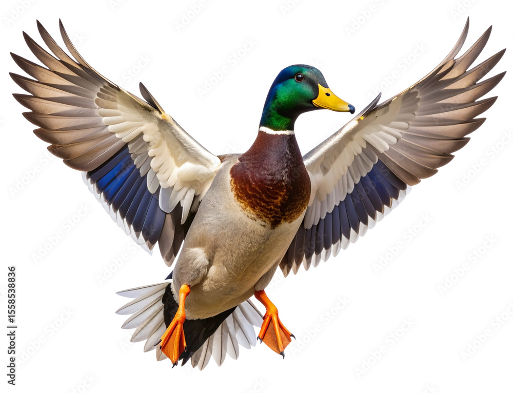 Realistic Mallard Duck in Mid-Flight with Wings Spread, isolated on transparent background. Realistic Mallard Duck in Mid-Flight with Wings Spread, isolated on transparent background.