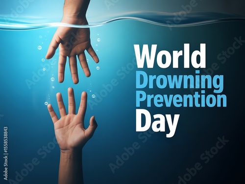 A graphic for world drowning prevention day featuring hands reaching in blue water