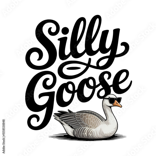 Goose wearing sunglasses and holding a revolver stands confidently with playful typography showcasing its motto and attitude in a whimsical design