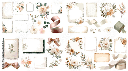 Elegant vintage floral frame and ribbon illustration set with beige tones and soft flowers, perfect for wedding invitations, romantic designs, and decorative templates.

