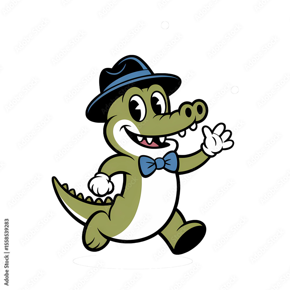 Obraz premium Cartoon crocodile character with a bow tie running joyfully in a playful design
