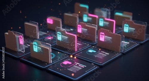 Digital Folders on Data Platforms with Tags, Data Management System and Futuristic Interface, Organised data management with illuminated folder icons in a structured digital environment