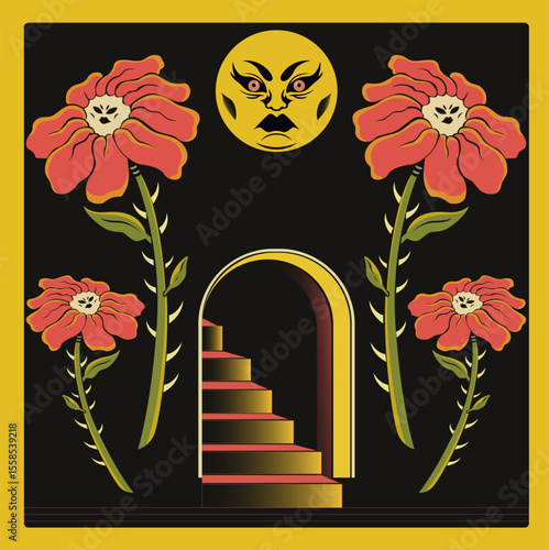 Psychedelic moon flowers - Vector Illustration