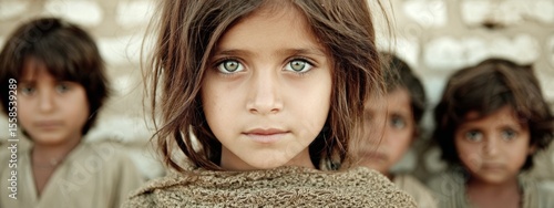 Young children playing near modest desert homes, dry village landscape in soft focus, World Population Day theme