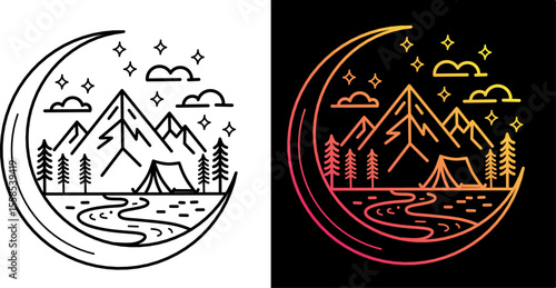 Mountain Camping Under the Crescent Moon – Vector Line Art for Stickers, Apparel, Posters, and Adventure Logos