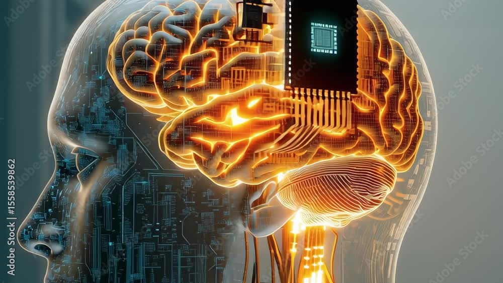 Human brain enhanced with a neural chip implant, illustrating the ...