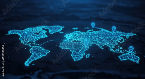 Global Connectivity Illuminated: A Digital World Map Displaying International Networks, Futuristic Blue World Map Displaying Digital Connections and Location Pins