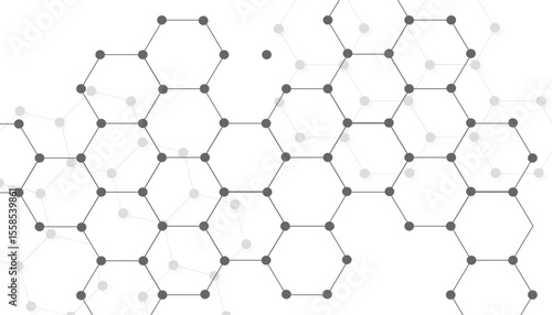 Hexagons pattern on gray background. Genetic research, molecular structure. Chemical engineering. Concept of innovation technology. Used for design healthcare, science and medicine background