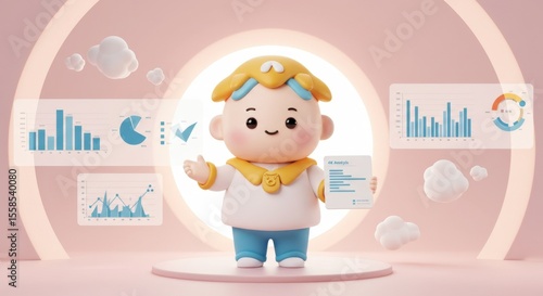 Charming 3D Cartoon Character Presenting Data Visualizations, Playful Illustration of a Cute Mascot Displaying Analytics
