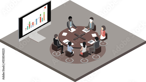 Isometric view of a business meeting with people around a table and a graph on a screen shown