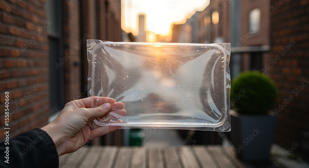 Hand Holding Empty Plastic Food Container with Urban Background at Sunset Hand Holding Empty Plastic Food Container with Urban Background at Sunset