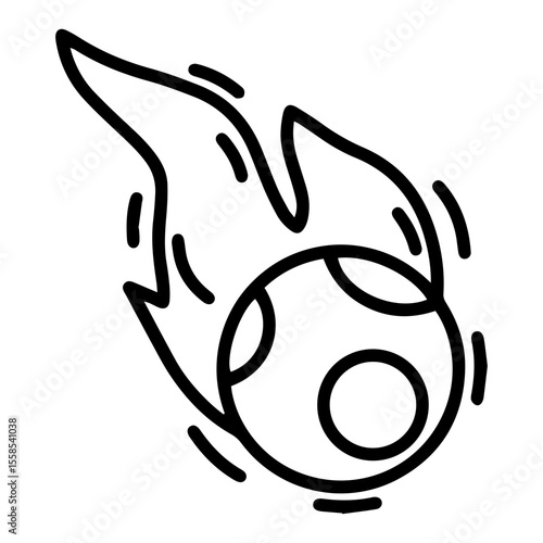 Outline style image depicts a meteor hurtling through space or atmosphere, marked by its rocky form and a flaming tail, convey speed and intensity. Related to astronomy, space exploration, science