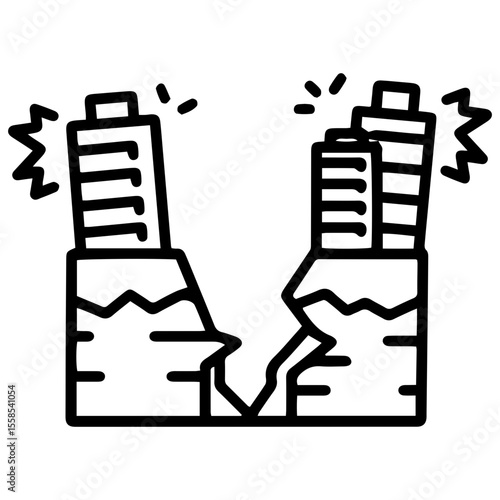 Outline style image depicts the severe impact of a heavy earthquake, showing two high-rise buildings on fractured ground amidst shaking, emphasizing the destructive force. Related to natural disasters